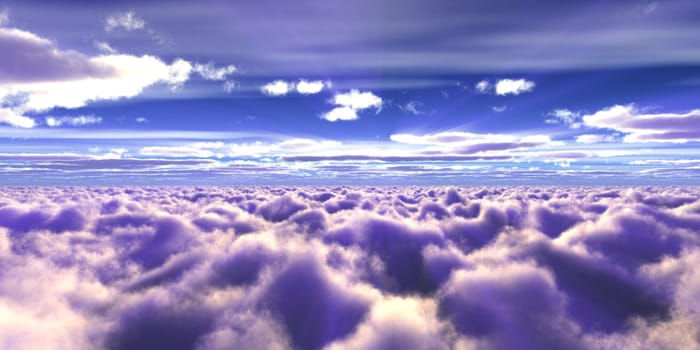 above clouds fly sunset sun ray illustration, 3d render