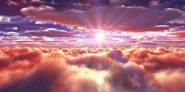 above clouds fly sunset sun ray illustration, 3d render