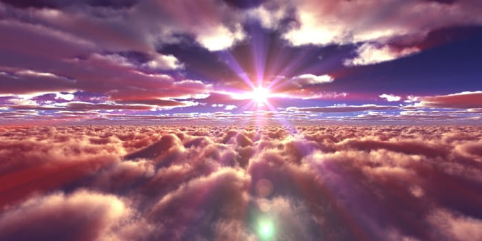 above clouds fly sunset sun ray illustration, 3d render