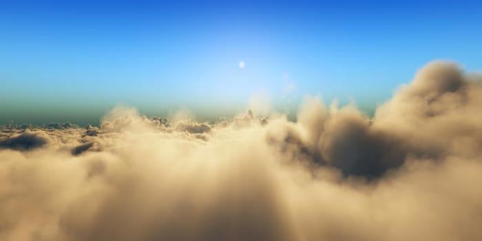 Beautiful aerial view above clouds with sunset. 3d illustration