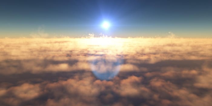 fly above clouds sunset landscape, 3d render illustration