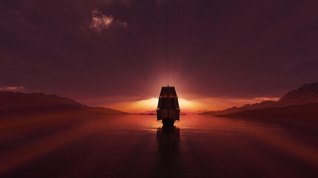 old ship at sea sunset, 3d render illustration