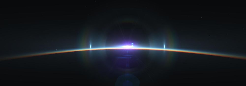 Earth sunrise from space over cloudy ocean. 3d rendering illustration