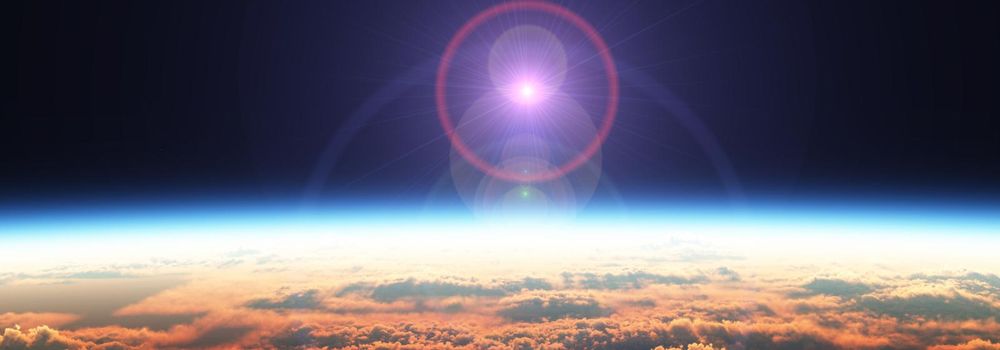 Earth sunrise from space over cloudy ocean. 3d rendering illustration