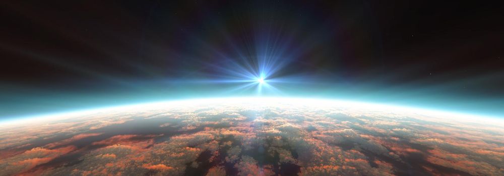 Earth sunrise from space over cloudy ocean. 3d rendering illustration