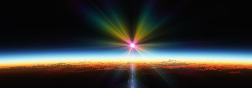 Earth sunrise from space over cloudy ocean. 3d rendering illustration