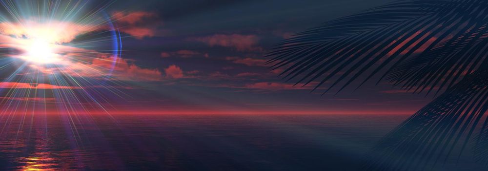 sunset sea palm landscape illustration, 3d render