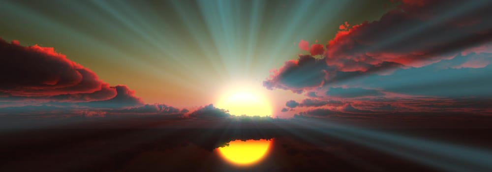 sunset calmly sea sun ray 3d render illustration