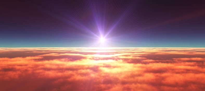 above clouds fly sunset sun ray illustration, 3d render