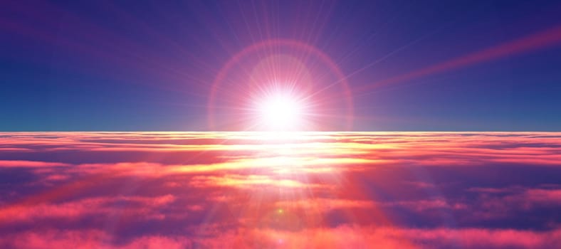 above clouds fly sunset sun ray illustration, 3d render