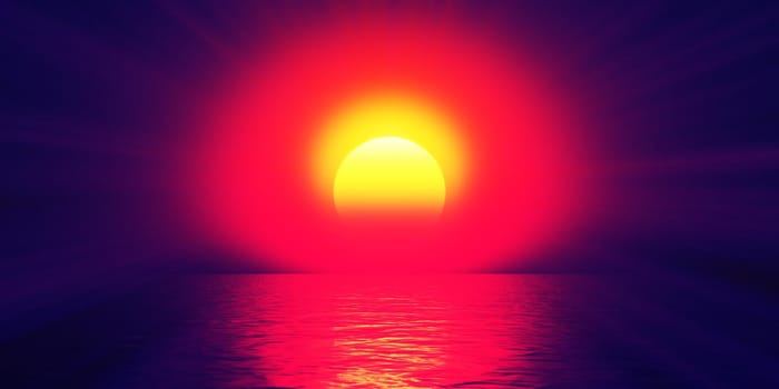 sunset sea sun ray clear sky, 3d rendering illustration