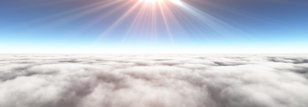 Above clouds sun ray, 3d rendering illustration