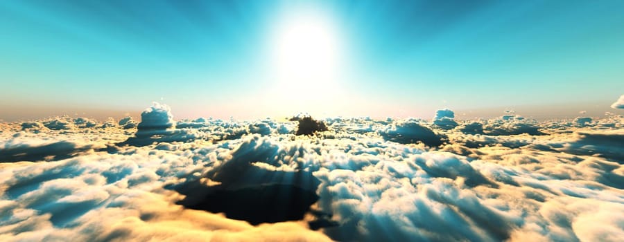 above clouds fly sunset sun ray illustration, 3d render