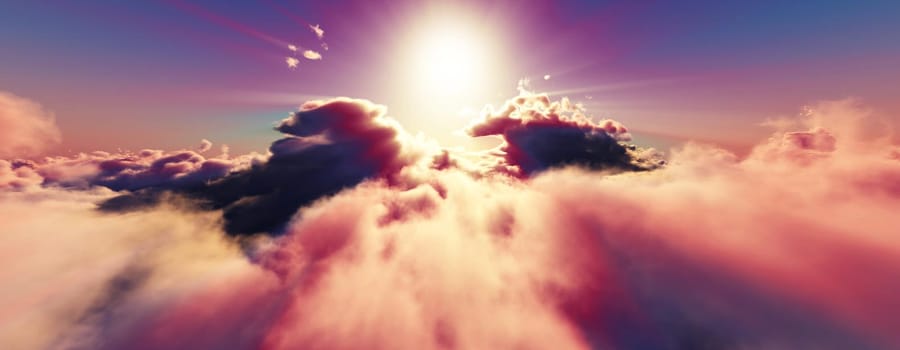 above clouds fly sunset sun ray illustration, 3d render