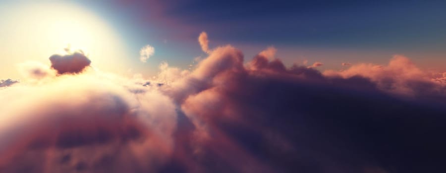 above clouds fly sunset sun ray illustration, 3d render