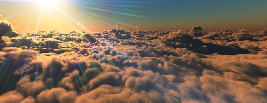 above clouds fly sunset sun ray illustration, 3d render