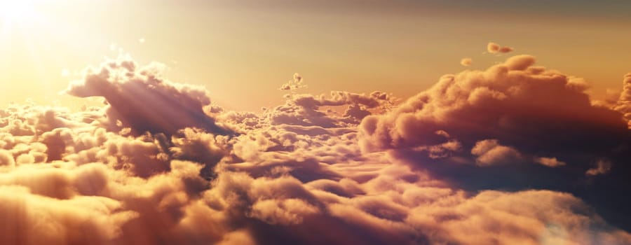 above clouds fly sunset sun ray illustration, 3d render