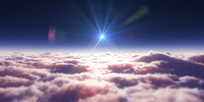 dream fly above clouds ray light, 3d rendering illustration