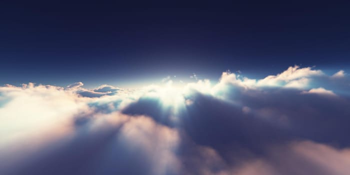 above clouds sunrise sun ray illustration, 3d rendering