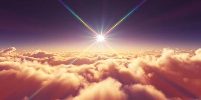 above clouds sunrise sun ray illustration, 3d rendering