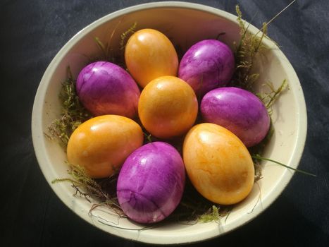 Easter decoration purple and yellow eggs