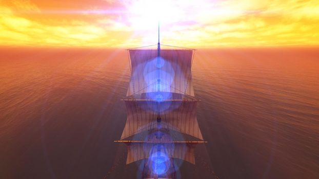 old ship sunset at sea 3d rendering illustration