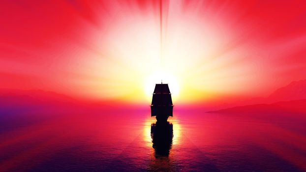 old ship at sea sunset, 3d render illustration