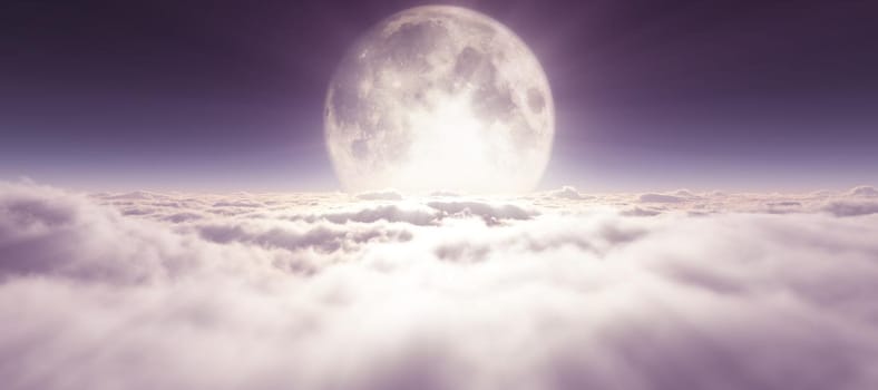 above clouds full moon illustration, 3d rendering