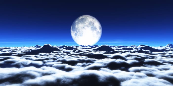 above clouds full moon illustration, 3d rendering