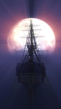 old ship in sea full moon illustration 3d rendering