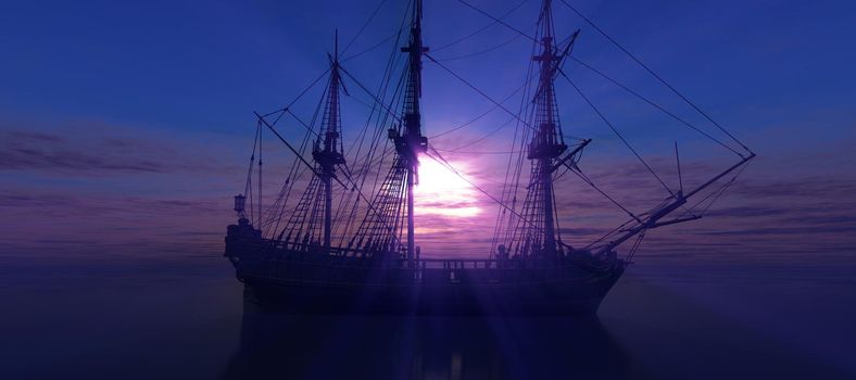 old ship sunset at sea 3d rendering illustration