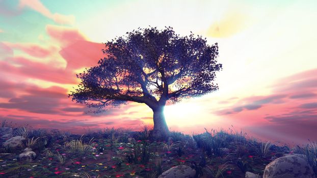 tree spring in meadow sunset illustration, 3d rendering