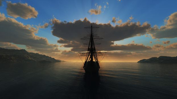 old ship sunset at sea illustration 3d rendering