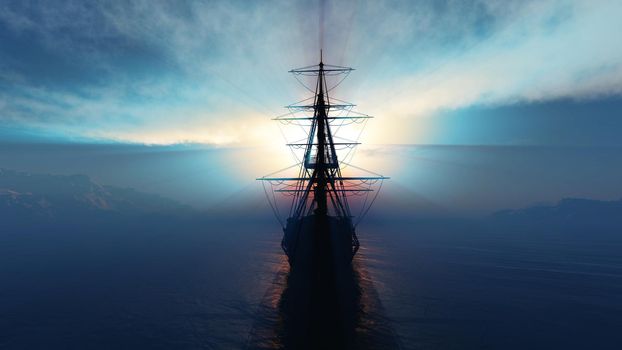 old ship sunset at sea illustration 3d rendering