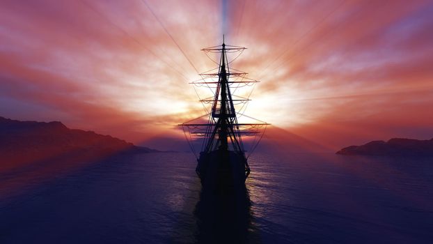 old ship sunset at sea illustration 3d rendering