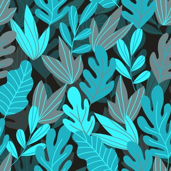 Floral seamless pattern with colorful exotic leaves on dark background. Tropic branches. Fashion vector stock illustration for wallpaper, posters, card, fabric, textile.