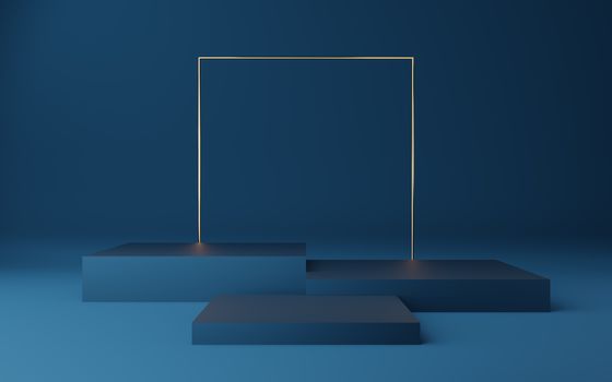 Empty blue cube podium with gold border and gold square on blue background. Abstract minimal studio 3d geometric shape object. Mockup space for display of product design. 3d rendering.