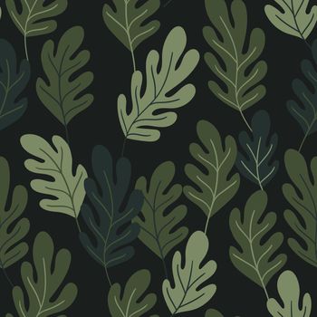 Floral seamless pattern with colorful exotic leaves on dark background. Tropic green branches. Fashion vector stock illustration for wallpaper, posters, card, fabric, textile.