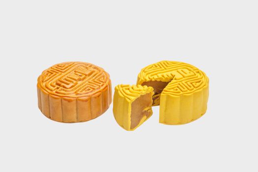 Traditional mooncake with durian and nuts filling on white background, Clipping path included