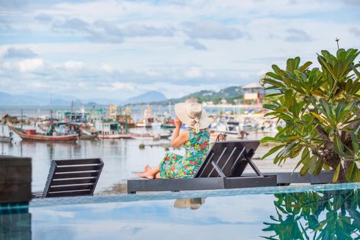 Middle aged woman relaxing at lamai beach in koh samui ,Thailand.