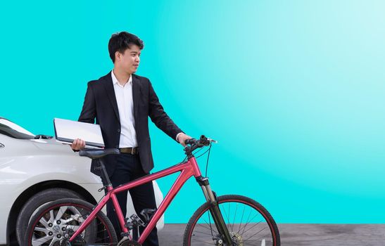 Businessman go to work with bicycle on Car Free Day in the City