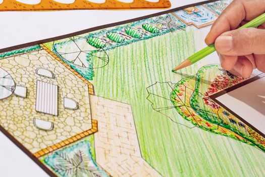 Landcape architect student design backyard garden plan in class