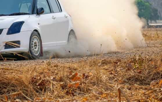 Rally racing car on dirt road.