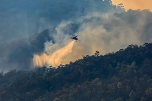 Firefighting helicopter dropping water on forest fire