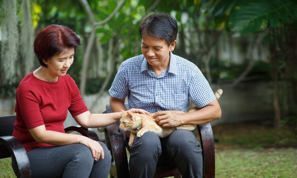 Middle aged couple relax sitting on bench with cat  in backyard.