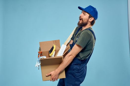 man in working form box with tools loader rendering service. High quality photo