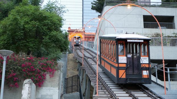 LOS ANGELES, CALIFORNIA, USA - 27 OCT 2019: Angels Flight retro funicular railway cabin. Vintage cable car station. Old-fashioned public passenger transport in Hollywood. Historic tourist landmark.