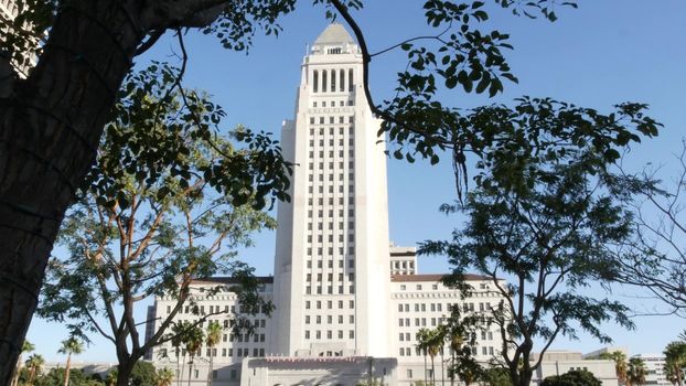 LOS ANGELES, CALIFORNIA, USA - 30 OCT 2019: City Hall highrise building exterior in Grand Park. Mayor's office in downtown. Municipal civic center, federal authority, headquarters of government in LA.