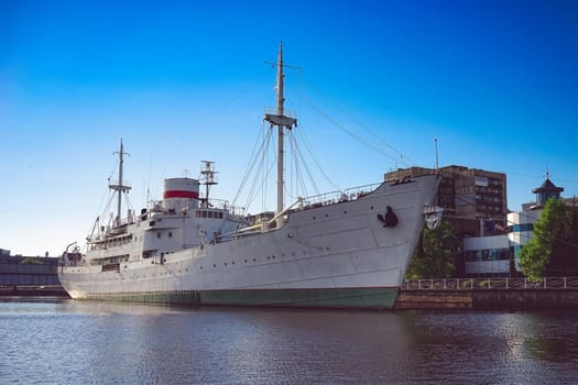 Kaliningrad, Russia. Landscape with ships on the river Pregolya.