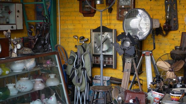 BANGKOK, THAILAND 12 JULY 2019 Rod Fai Talad retro night train market. Popular asian hipster street flea marketplace with old-fashioned vintage styled decor, second hand aged antique goods for sale.